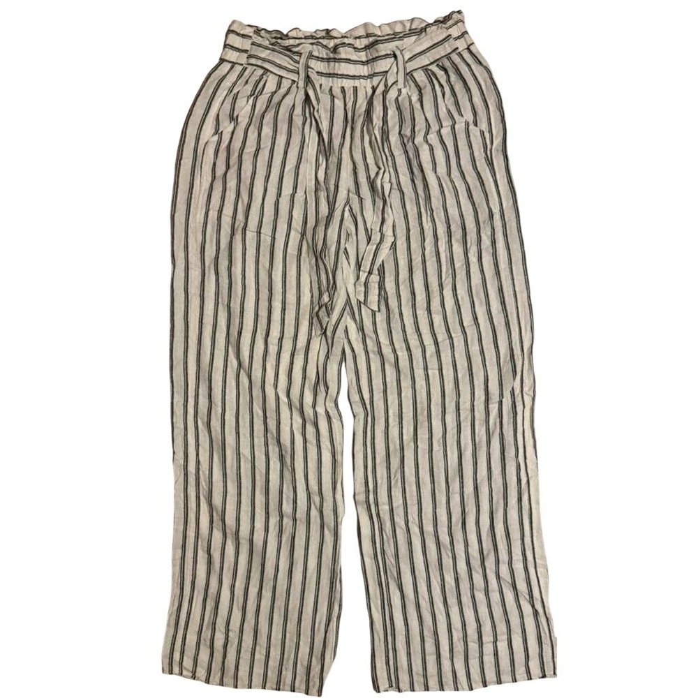 Rewind Womens Striped Wide Leg Paperbag Waist Tie Pants White Black Small